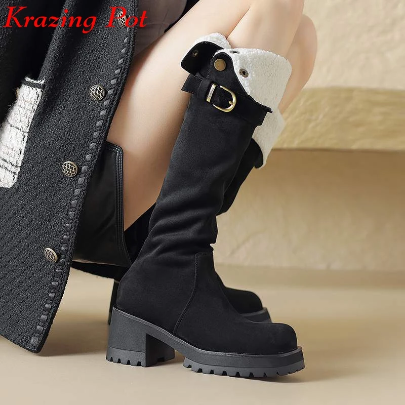 

Krazing Pot Flock Round Toe Winter Warm Platform Snow Boots Thick High Heels Zipper Metal Buckle Fashion Ins Over-the-knee Boots