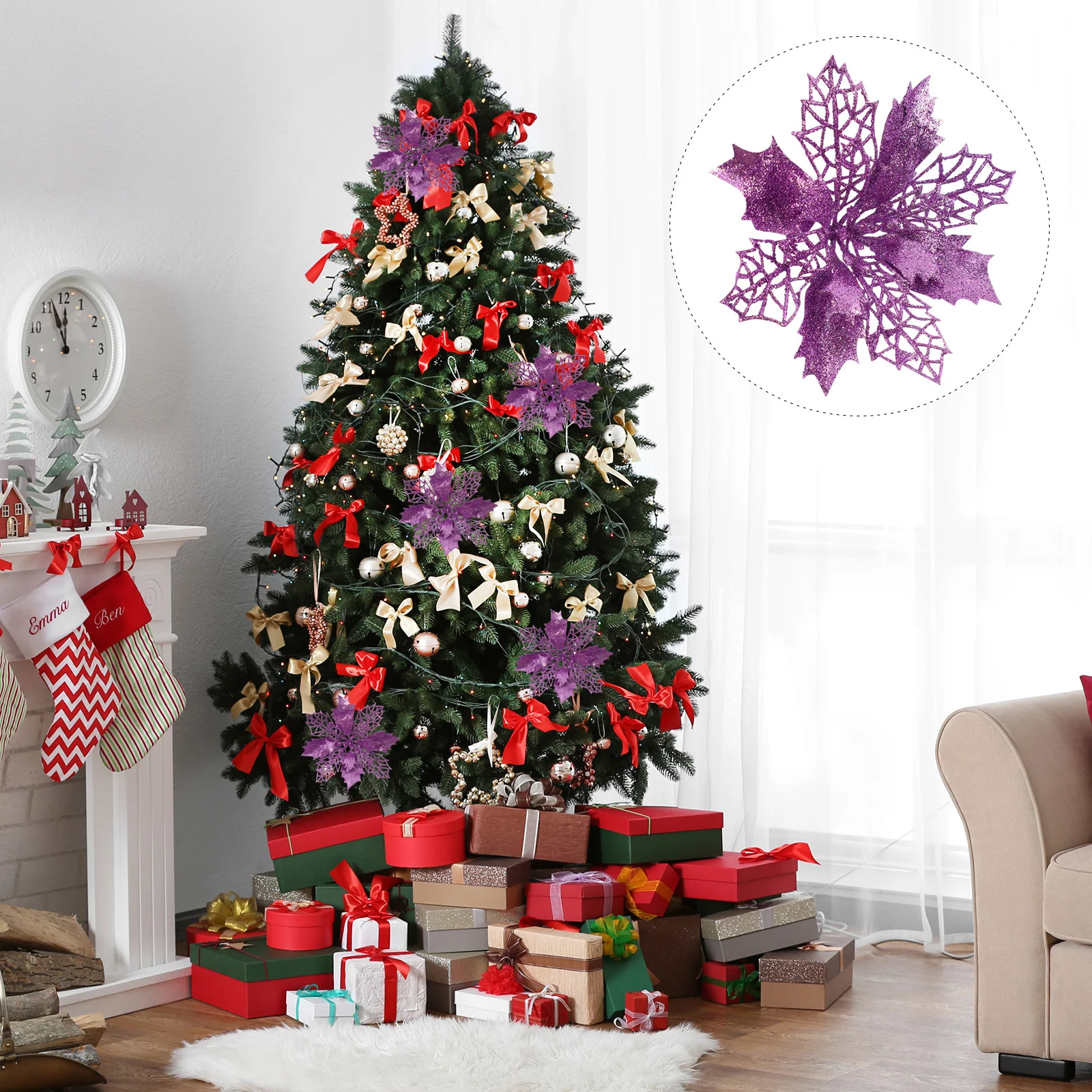 

12Pcs Christmas Glitter Hollow Flowers Simulation Xmas Tree Flowers Decor Party Fake Flower Garland Flower Decor