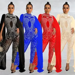 Moda mujer club nocturno fiesta club caliente diamante malla transparente pantalones sin mangas hombro capa mono