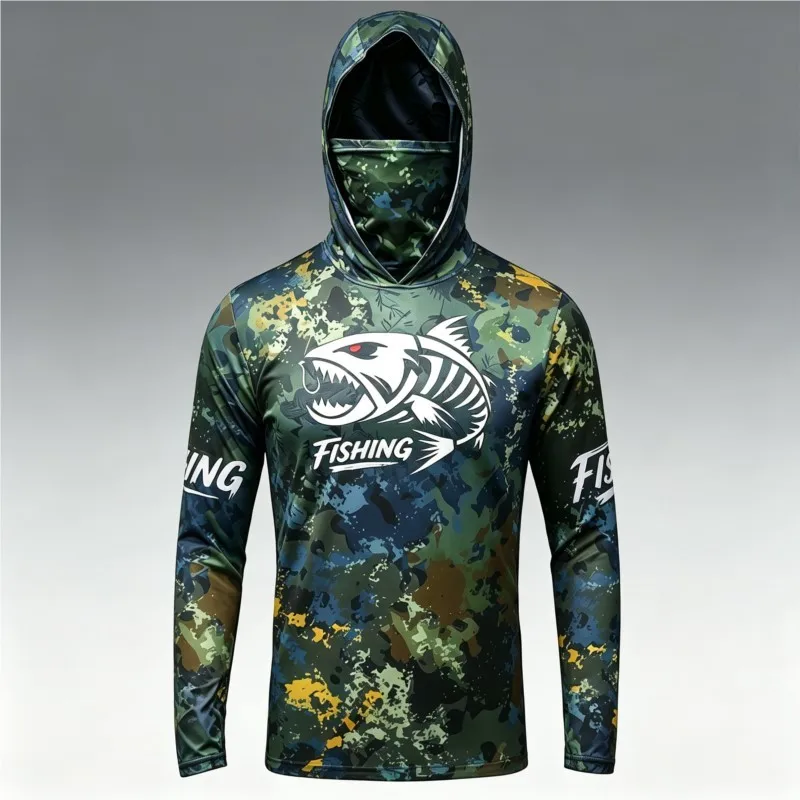 Herren Skelett-Fisch-Print UPF50+ Angelhemd mit Kapuze und Gesichtsmaske, Langarm, Schnelltrocknend, Anti-UV, Atmungsaktiv, Outdoor-Angeloberteil – Detail 4