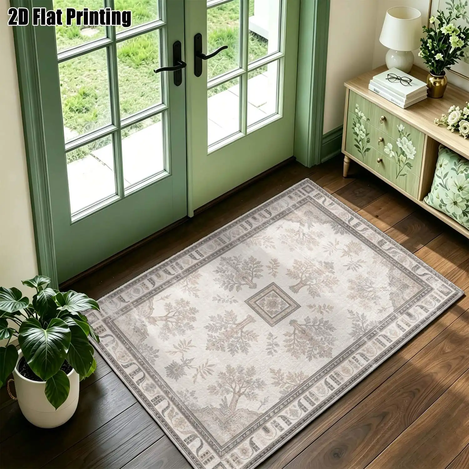 1Pc 2D Printed Carpet: Beige Tree & Plant Motifs, European Vintage, Geometric Lines, Floral, Simple Doormat for Home Decor, Multi-Size, Machine Washable Suitable for Entrance, Dining Room, Foyer, Bedroom, Living Room.