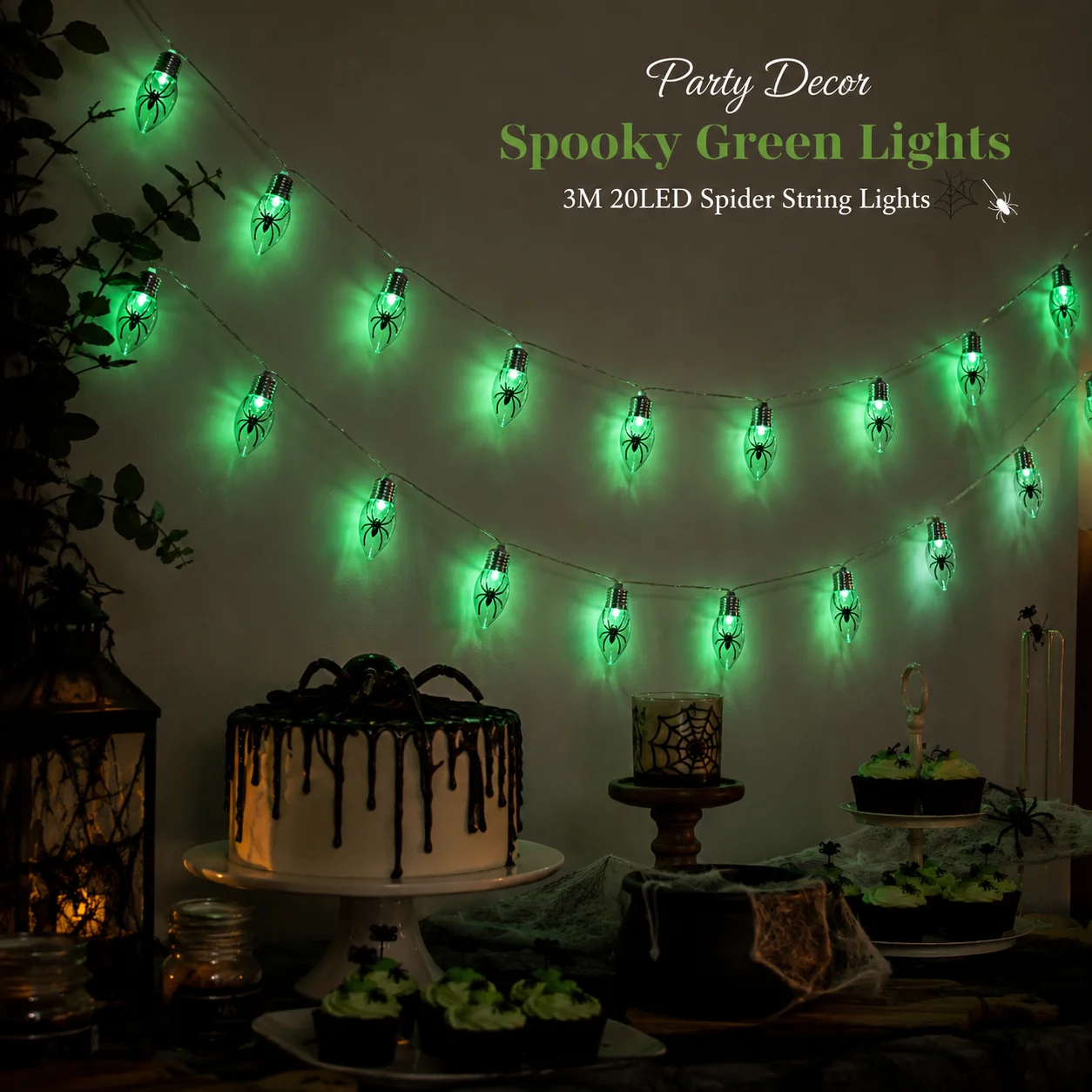 1pc 20LED Halloween Clear Bulb With Black Spider String Light Battery Powered For Home Bedroom Garden Park Party Yard Decoration