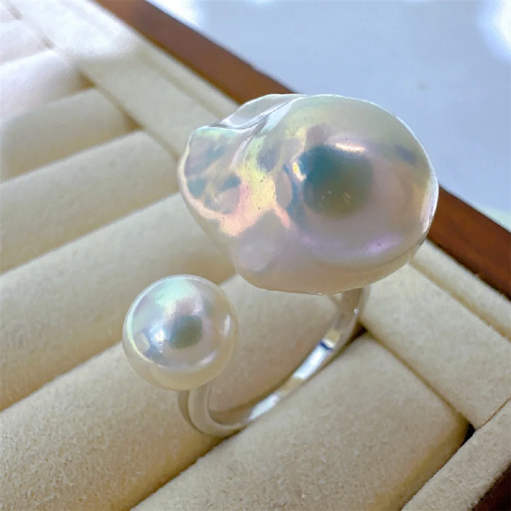 

New Irregular AAA8-9mm+13-15mm Natural Baroque Pearl Ring S925 Silver Adjustable Ring