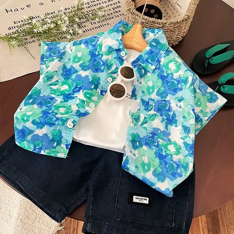 BOYS Tropical Print Short Sleeve Cotton Shirt Summer Toddler Casual Top Beachwear Baby Boy Shirt