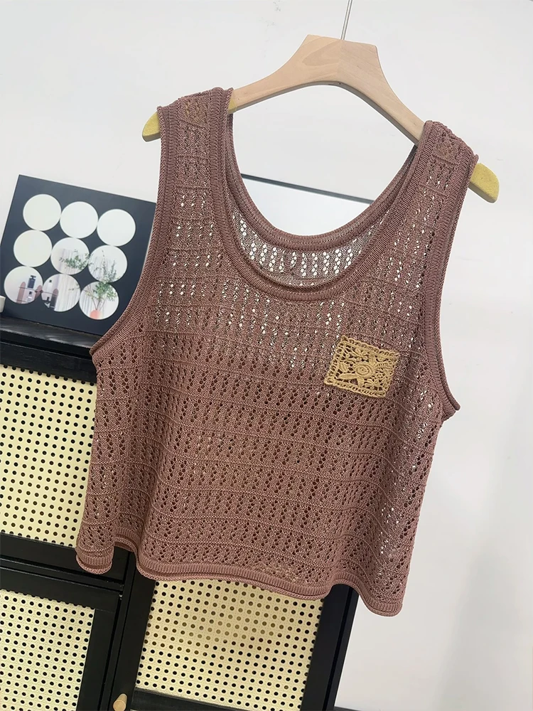 High Quality Hollowed Out Knitted Camisole Vest for Women's Summer Thin Silhouette, Shoulder Top, Short Ice Silk Vest, Versatile