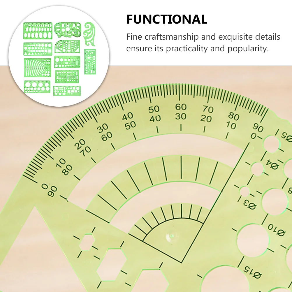 11 قطعة من قوالب الرسم البلاستيكية الخضراء مسطرة قياس للطلاب استنسل هندسي للوازم المدرسية #1