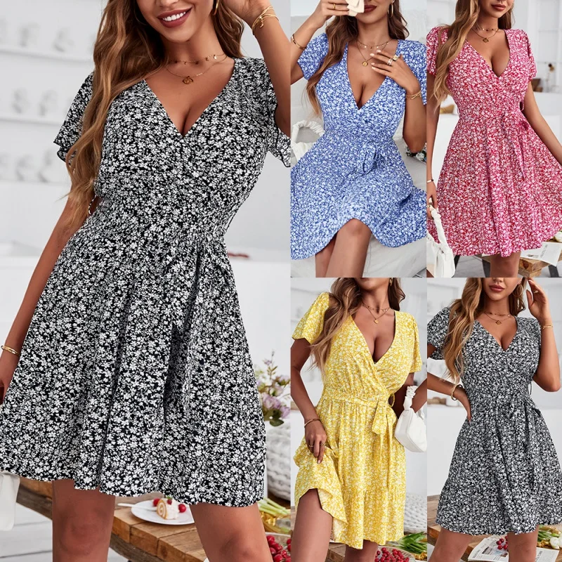 

DY-Independent R & D and Design American Station Chest-Wrapped Dress Summer Floral Elegant Large Swing Skirt Leisure