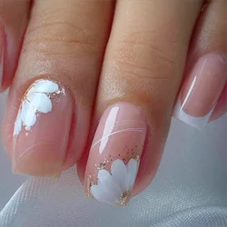 24Pcs Middle Size quare French Small White Flower Gold Glitter Powder Full Coverage Wearable Lady Fake Nails Set