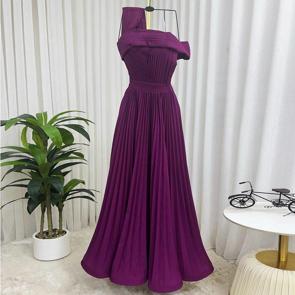 

Customized A-line Evening Dresses Floor-length Off The Shoulder Sleeveless Prom Gown Fashion Pleat Backless Draped Party Gown