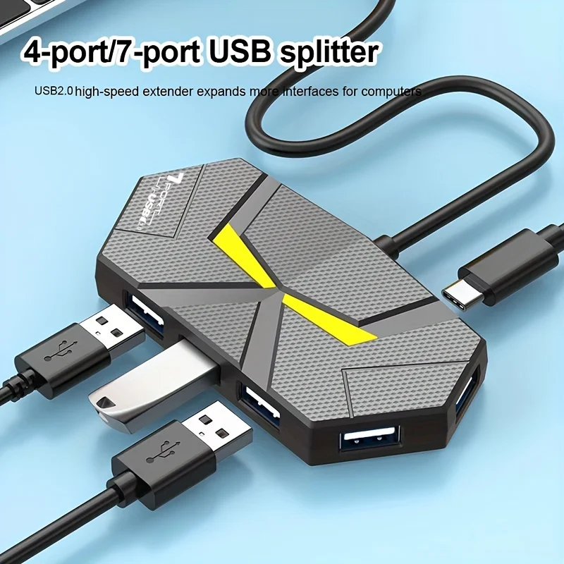 1 Stück 4/7-Port USB-Hub mit buntem Licht, stabiler Typ-C-Anschluss für Laptops, Tastaturen, Mäuse, U-Disk-Datenübertragungs-Hub