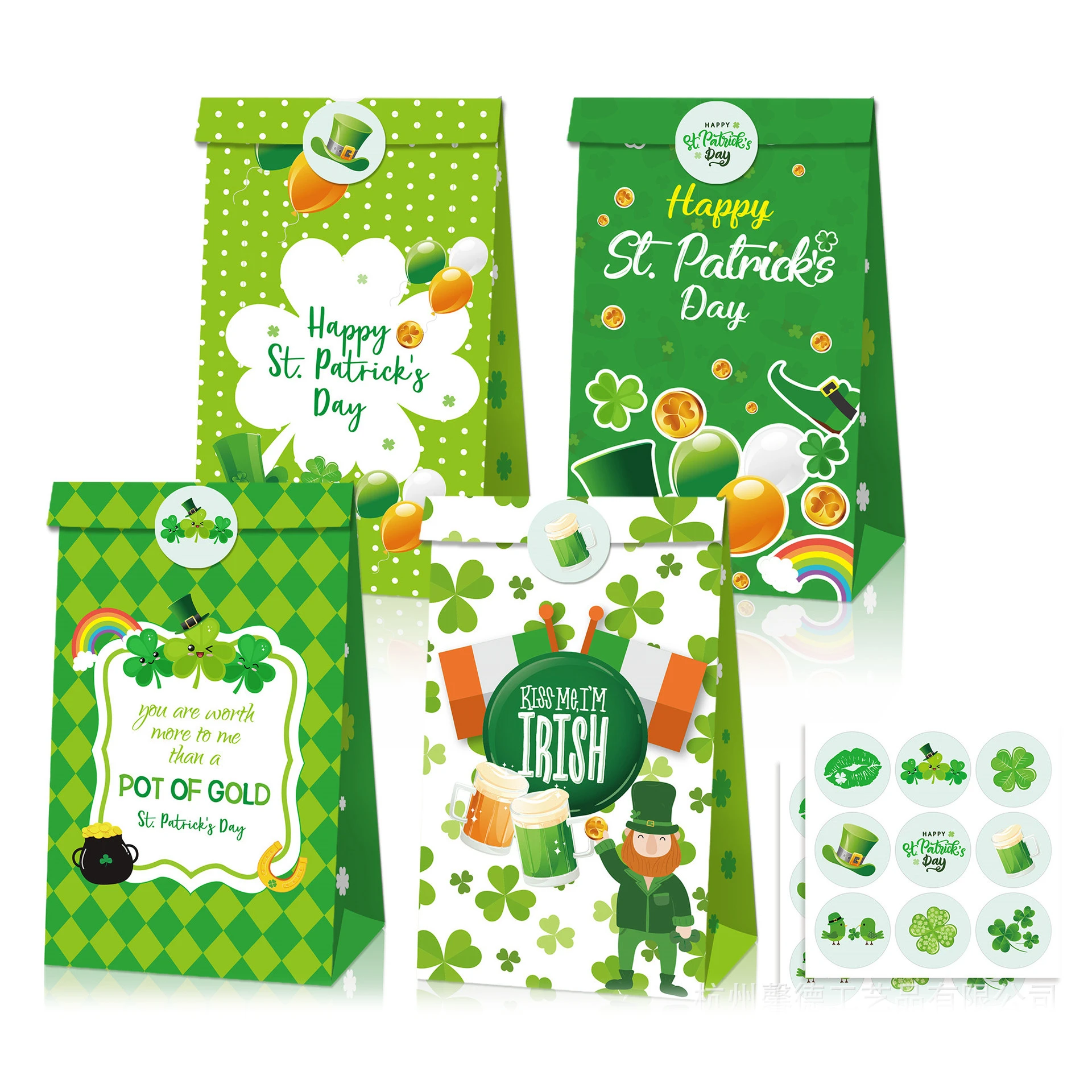 

X10 12 Bags Kit St. Patrick's Day Lucky Clover Paper Bag With Stickers 150G Quality Environmental Kraft Paper Gift Paper Packing