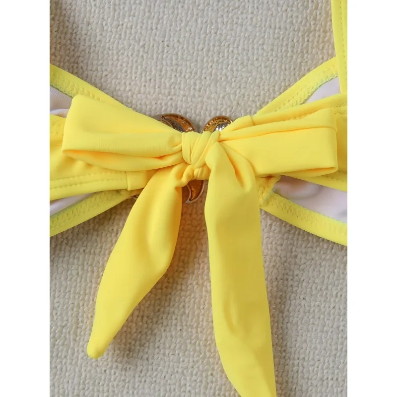 Nowy Zestaw Bikini Damski Sexy Prosty Jednolity Żółty Wiązany na Szyi Push Up Bikini Styl Y2k Strój Kąpielowy Sznurowany Brazylijski Strój Plażowy