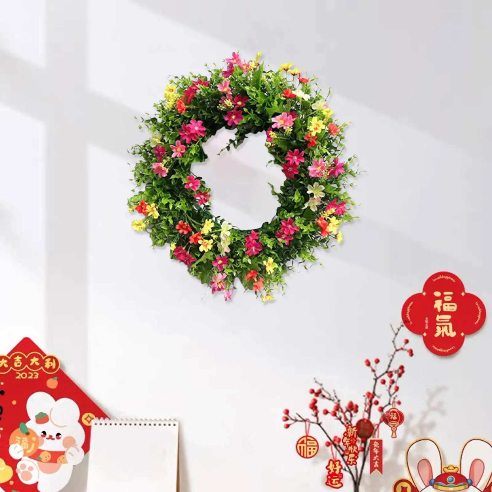 

Spring Wreath Artificial Wreath Fashion Ornament Flower Wreath Hanging Wreath for Front Door Farmhouse Home Festival Patio