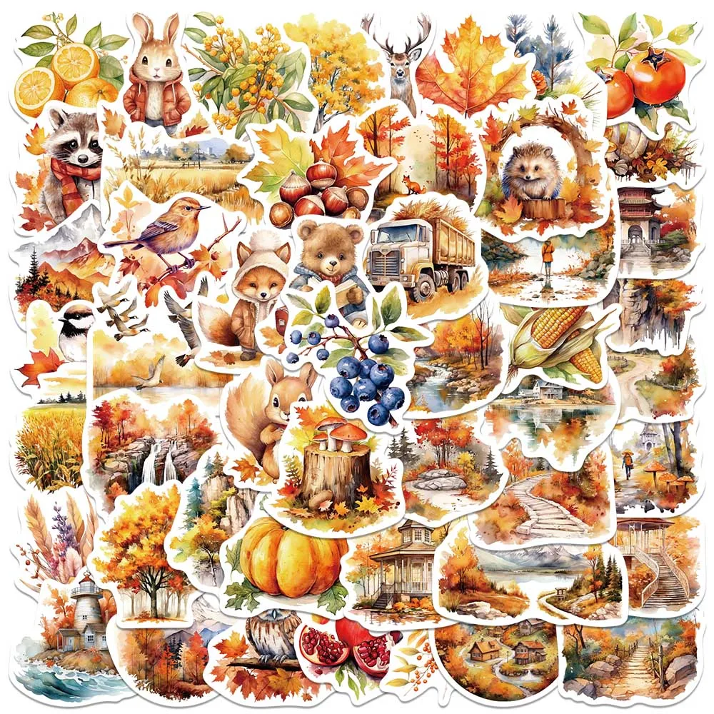 50pcs Waterproof Graffiti Cute Cartoon Autumn Animals Foods Stickers For Laptop Water Bottle Luggage Notebook Vinyl Decals