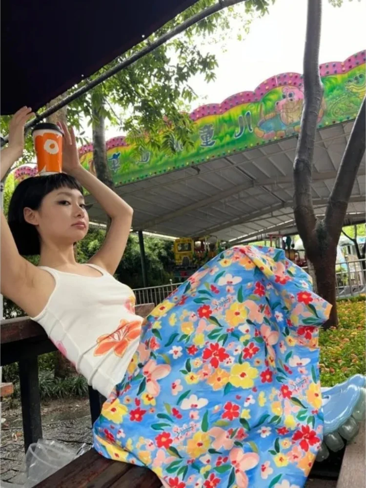 Casual Fashion Floral Print A-line Skirt For Women High Waist Mid-length Faldas Mujer 2025 Summer New All-match Skirts