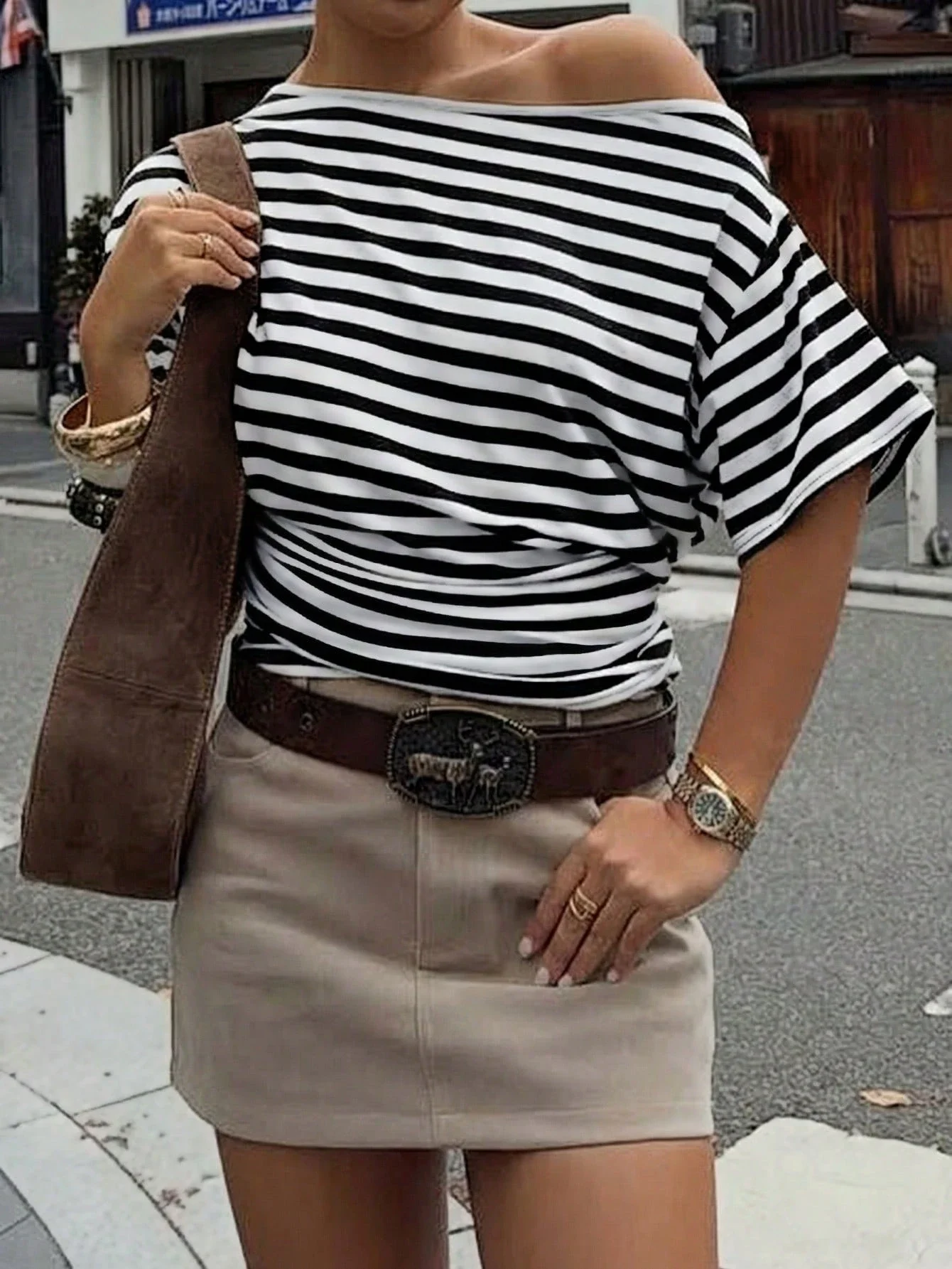 Stylish Striped Asymmetrical Shoulder Short Sleeve T-Shirt With Waist Ruching Casual Summer Top
