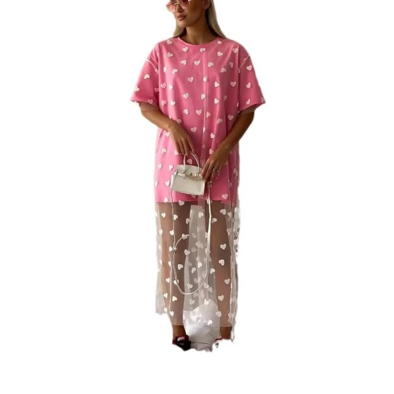 女性用ラウンドネックTシャツ,ルーズドレス,ガーゼステッチ,ロングTシャツスカート,カジュアル,怠惰な風,愛,夏,新品