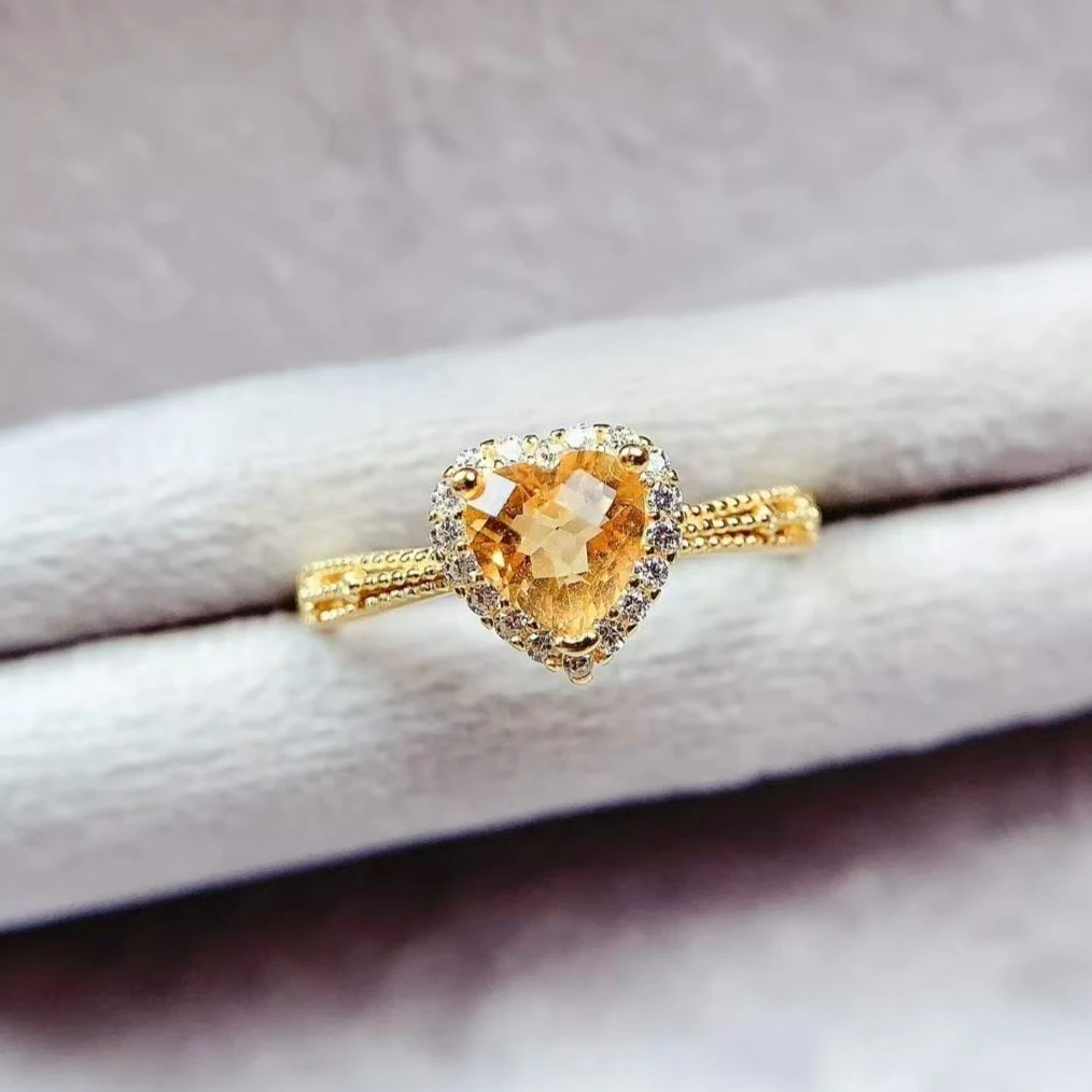 Heart Crystal 925 Silver Ring Natural Citrine Ring with Certificate Sterling Silver Citrine with 18K Gold Plating Gift for Women