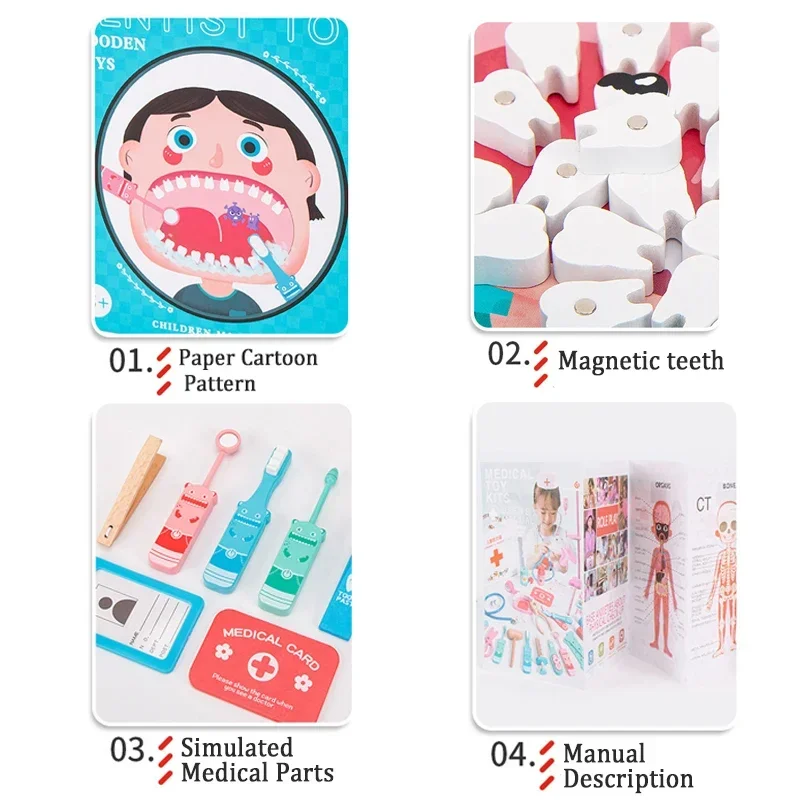 Kids Early Education Dentist Play Set-Wooden Doctor Role-playing Toy Stethoscope Dental Medical Kit for Children’s Pretend Play