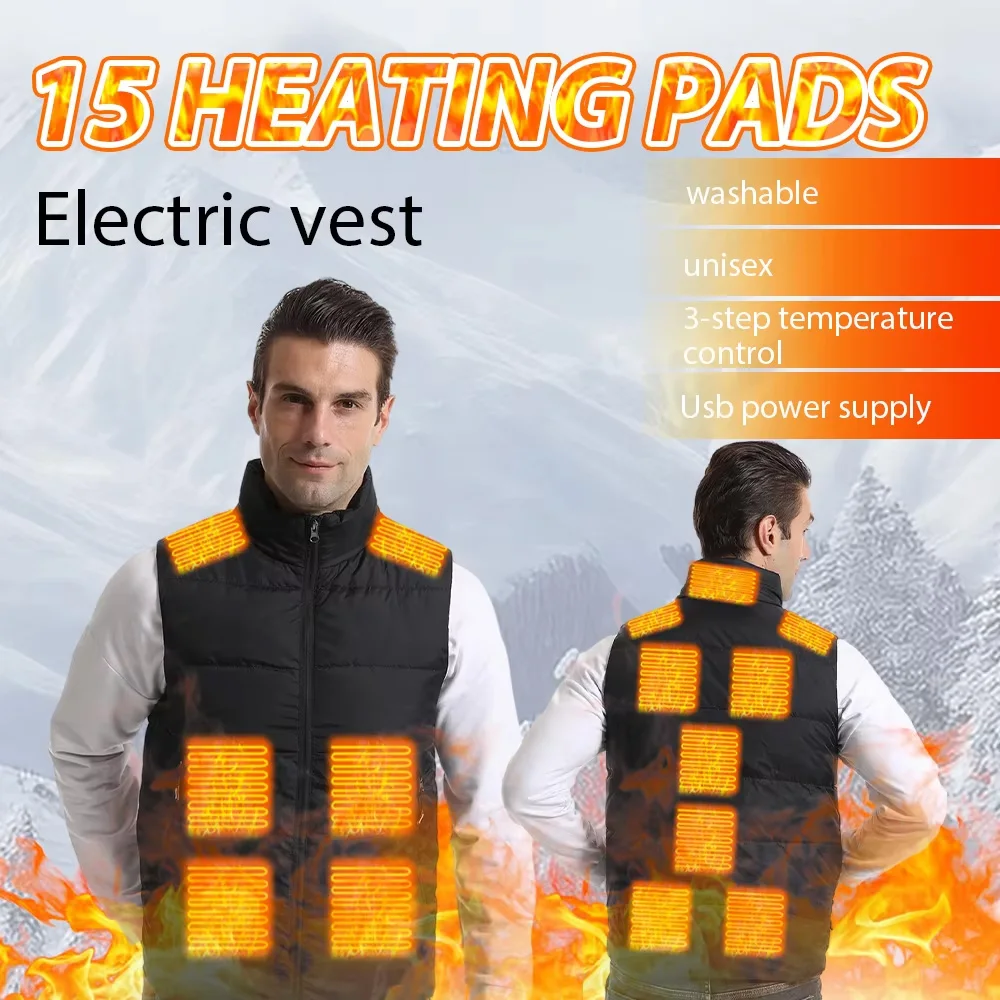 

Winter Men Heated Vest USB Electric Self Heating Clothes 15 Areas Couple Style Down Vest Outdoor Warm Lightweight Heated Jacket