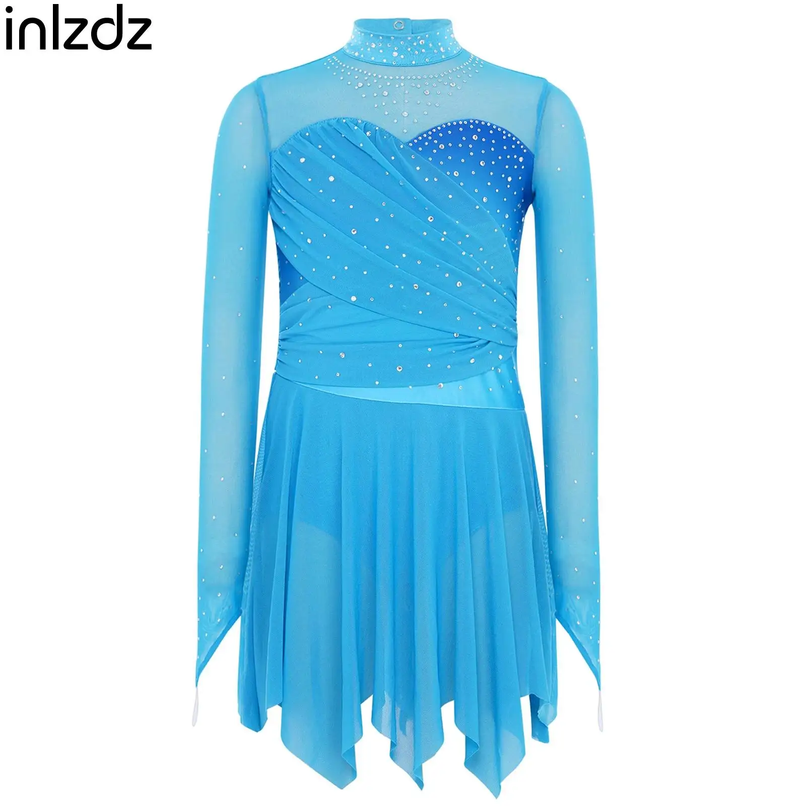 

Kids Girls Lyrical Contemporary Dance Dress Long Sleeves Rhinestones Mesh Dress Dance Party Figure Skating Performance Dancewear