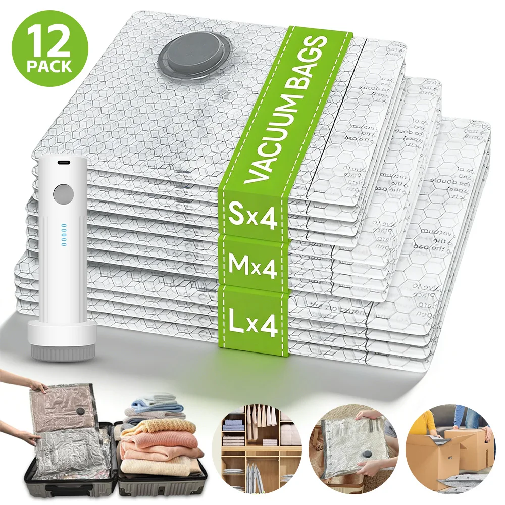 12 sacs de rangement sous vide, disponibles en trois tailles, le volume est clairement réduit après compression, vous permettant de transporter facilement plus d'objets, adaptés pour ranger des vêtements, des couvertures, etc.