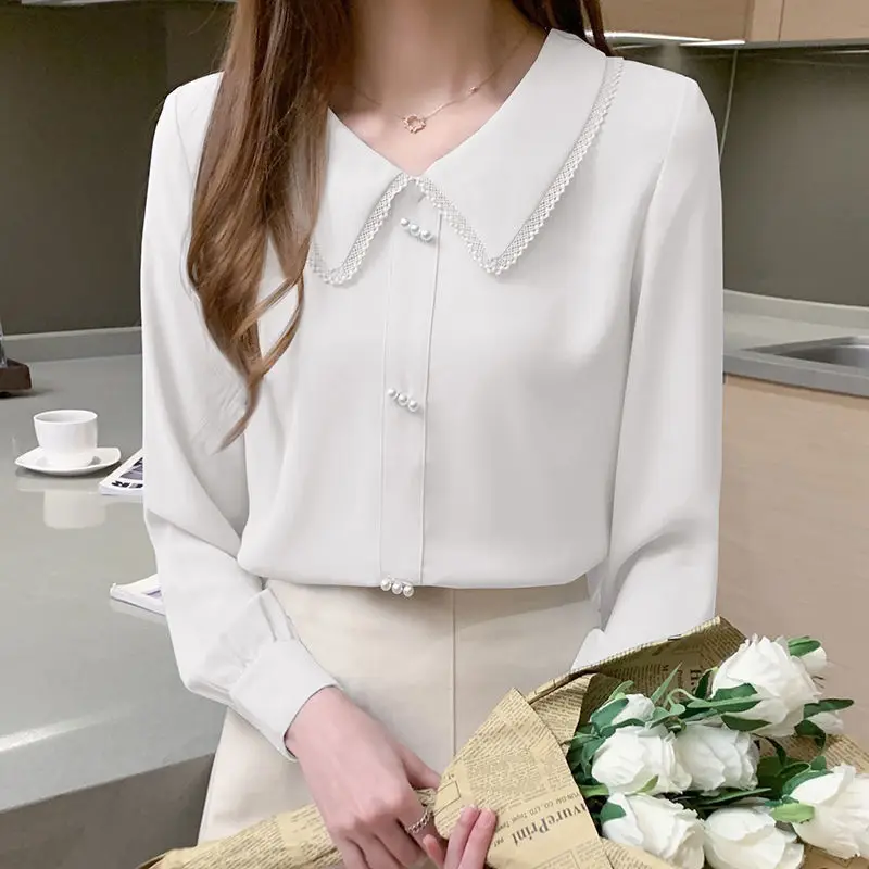 Sweet Peter-pan Collar Blouses Women Chiffon S-3XL Simple Design Ladies OL Long Sleeve Gentle Tender Ins Elegant Lovely Lady New