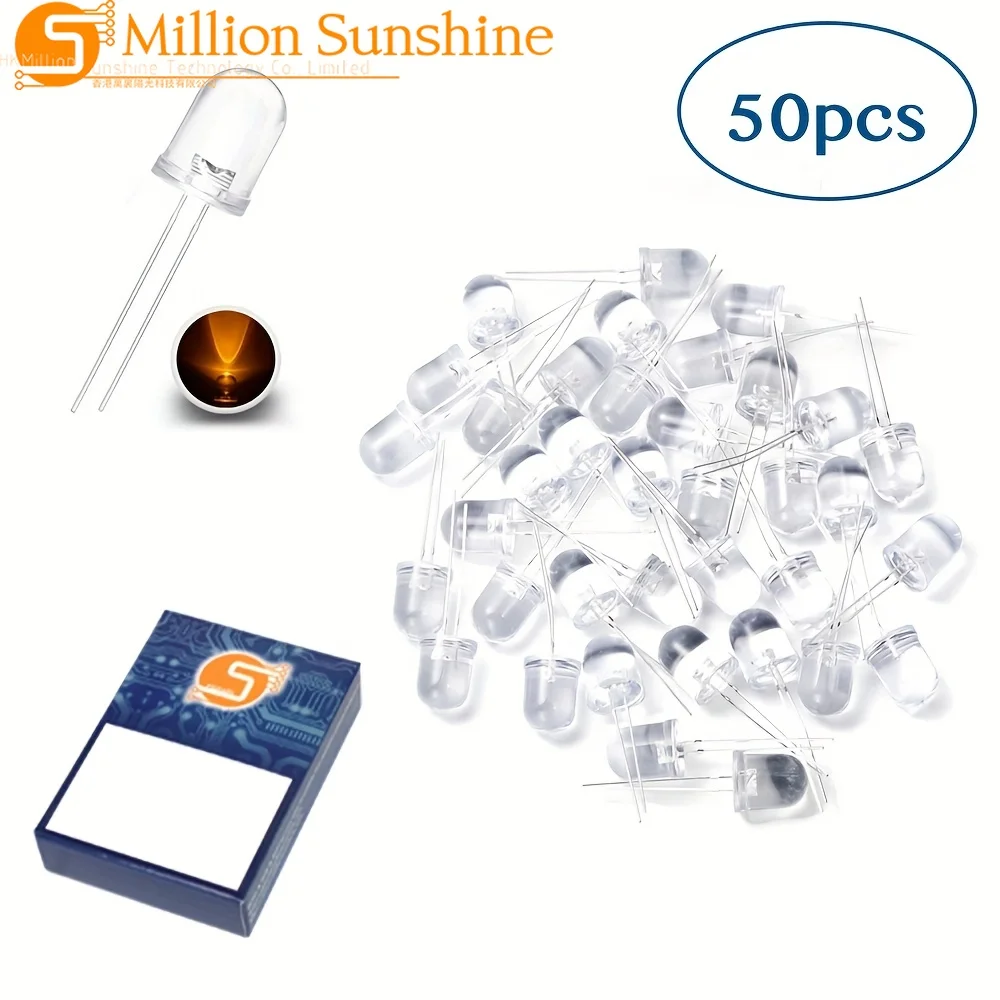 50 pcs 10mm Yellow LED Diode Lights Clear Round Transparent DC 3V 20mA Bulb Lamps Electronics Components Indicator Light