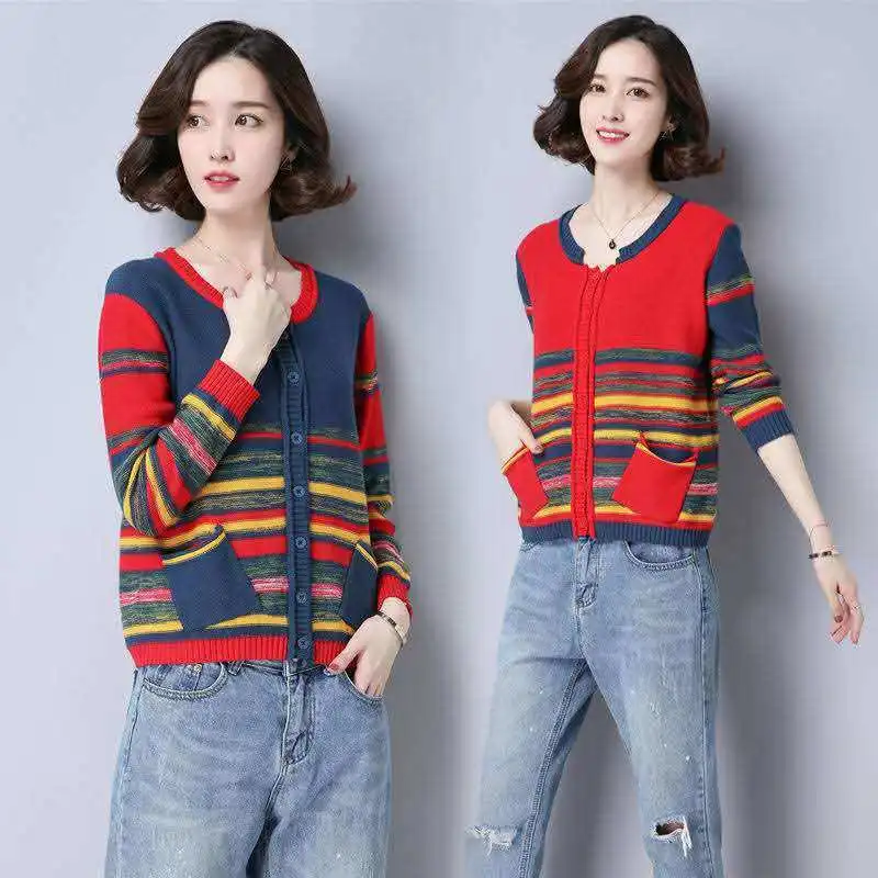 Y2K Women\'s Cardigans Knitted Sweaters Autumn Winter Fashion Female Button Striped Loose Vintage Casual Long Sleeve Coats Tops