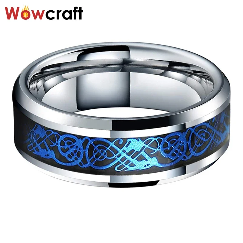 Tungsten Wedding Bands 8mm Blue Blue Dragon Rings for Men Women Engagement Ring Polished Shiny with Carbon Fiber Comfort Fit