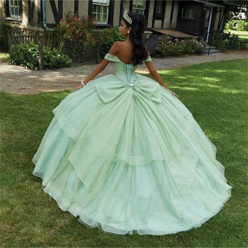 Skallean-Elegant Diamond Quinceanera Dress for Girls, Bowknot, Pleated, Off the Shoulder, 15 Years Old, Plus Customised