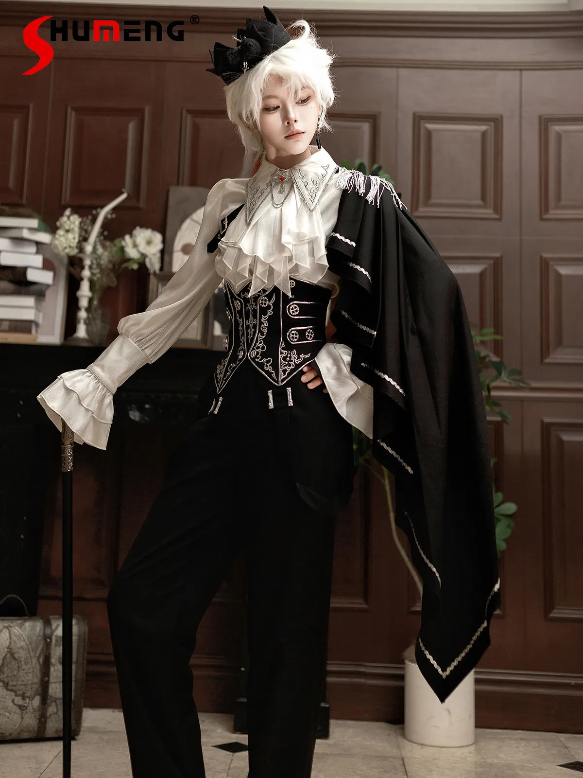 

Gothic Dark Pant Sets Sweet Cool Y2k Lolita Prince Clothes 2026 Spring and Summer Long Sleeve Shirt Waistband Pants 3-piece Set