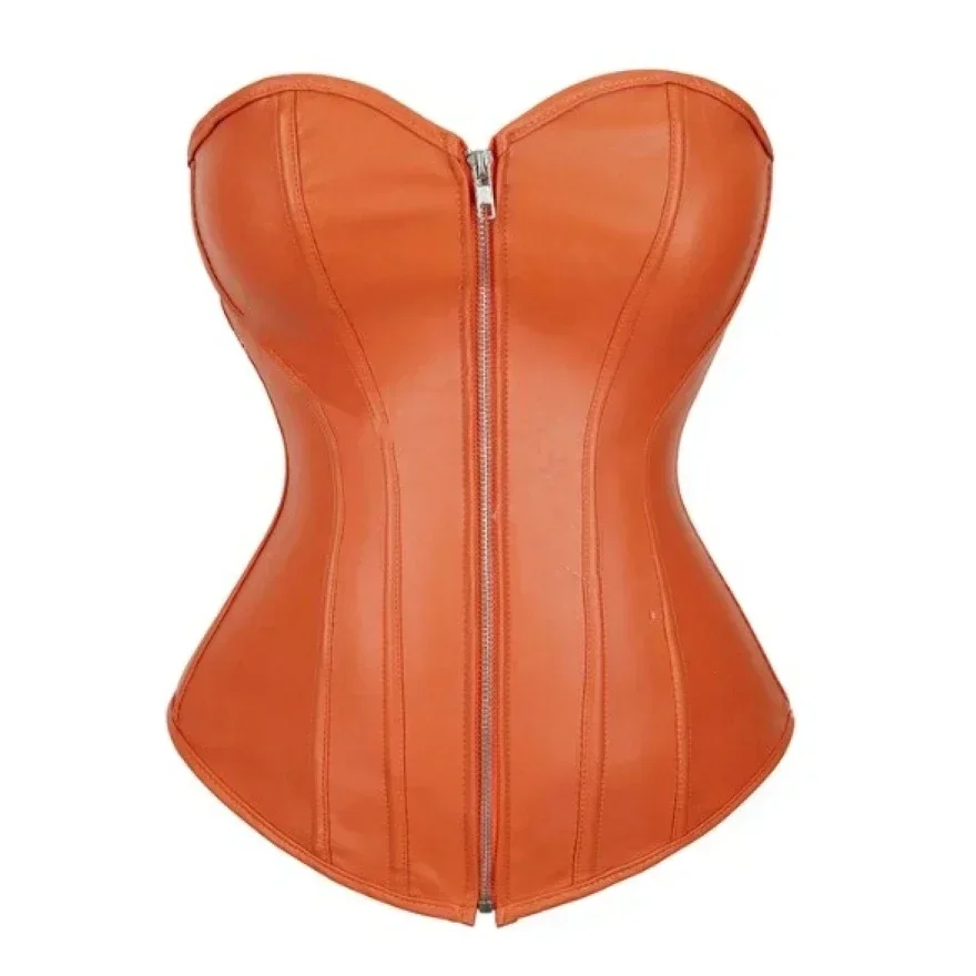 Classic Faux Leather Overbust Corset Top with Zip Women Gothic Steampunk Waist Trainer Bustier Vintage Corselet Sexy Clubwear