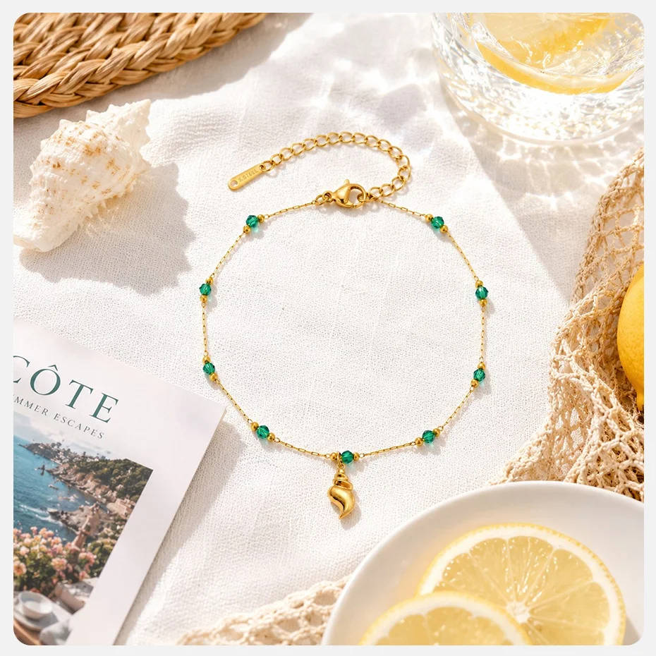 Vnox Bohemia Grüner Kristall Muschel Tropischer Fisch Anhänger Quasten-Fußkettchen für Damen, vergoldet, wasserdicht, Sommerurlaub Fußschmuck – Detail 11