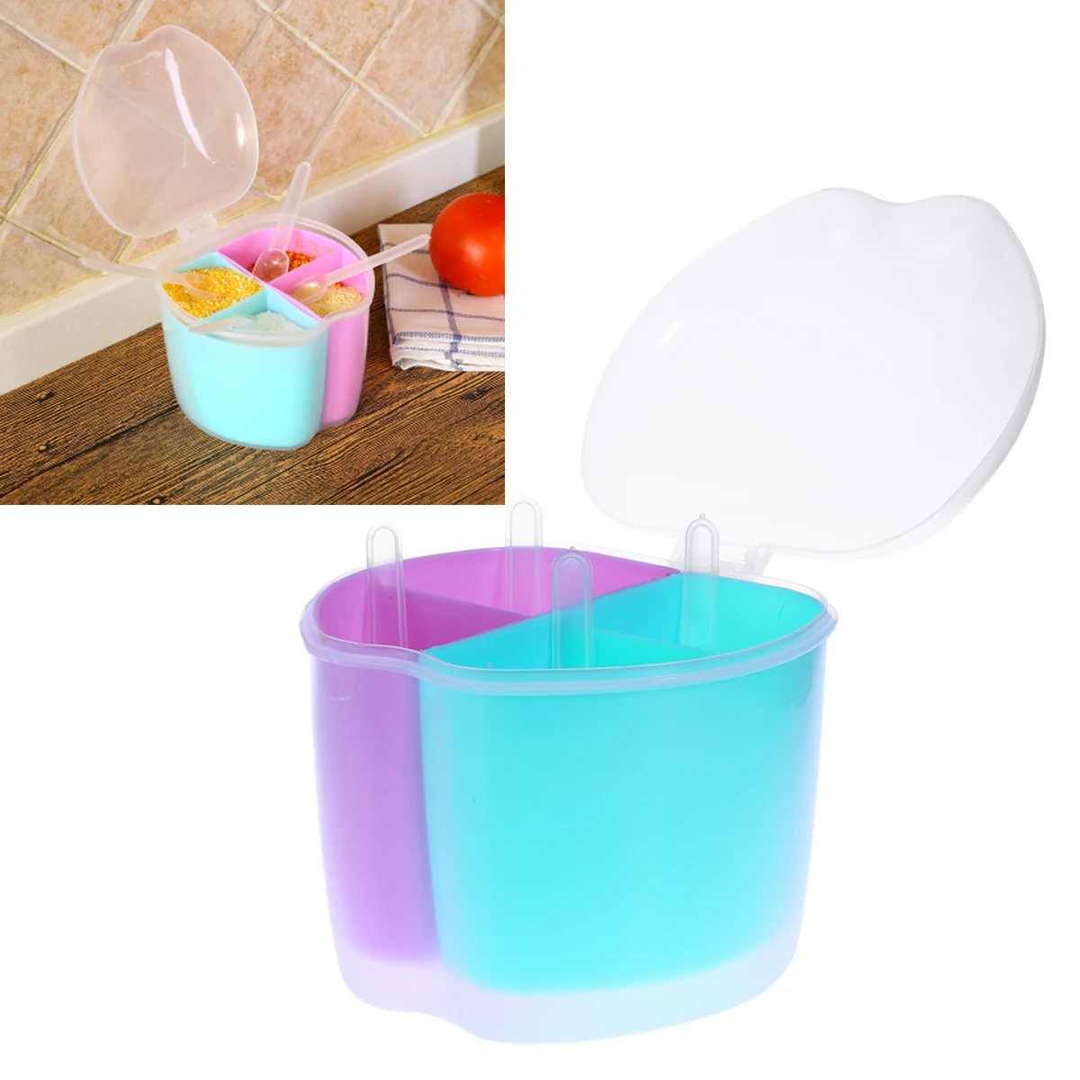 

4-Compartment Clear Condiment Box Plastic Cruet Containers Colorful Spice Pots Seasoning Storage Container with Cover and Spoons