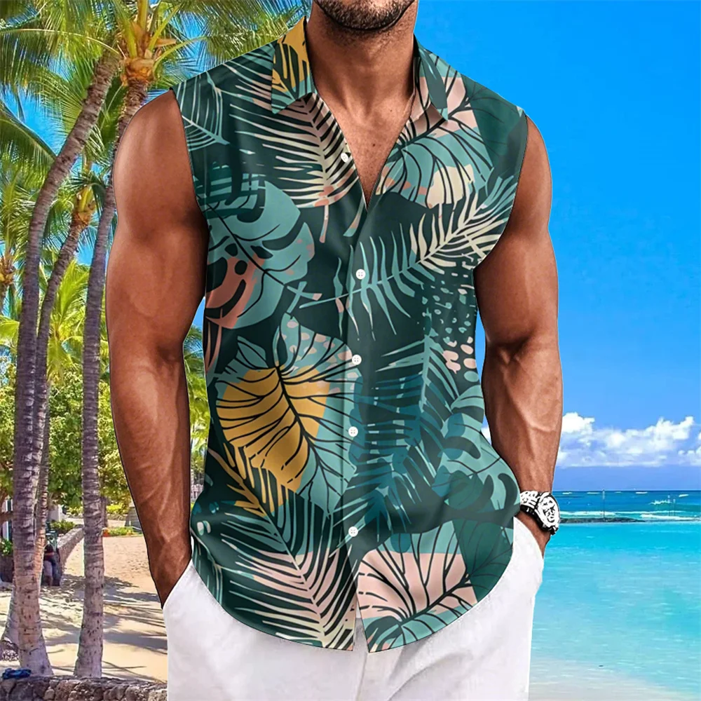 Beach Flower Printed Men's Shirts Summer Casual Sleeveless Shirt Lapel Fashion Unisex Clothing Oversized Hawaiian Shirts For Men