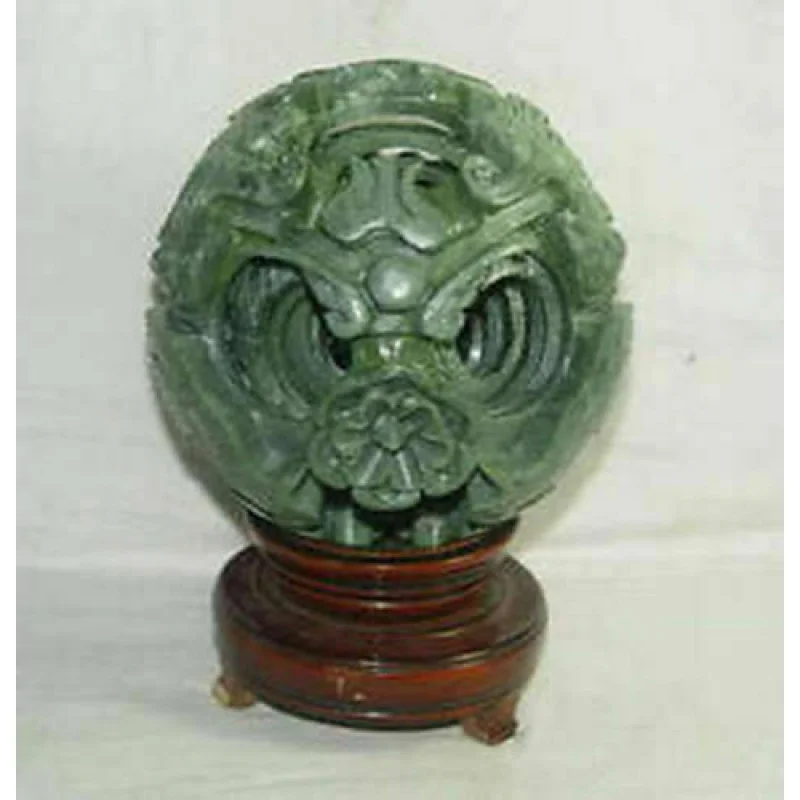 New Hand Carved Plump Chinese Jade Flower Magic Puzzle Ball 100mm