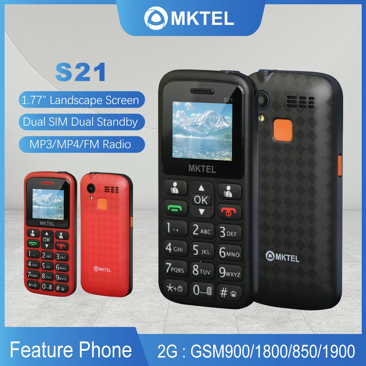 MKTEL S21 feature phone 1'77 display 800mAh Battery Dual SIM Dual Standby Support 3.55mm earphonesMP3 MP4 FM Radio Bluetooth