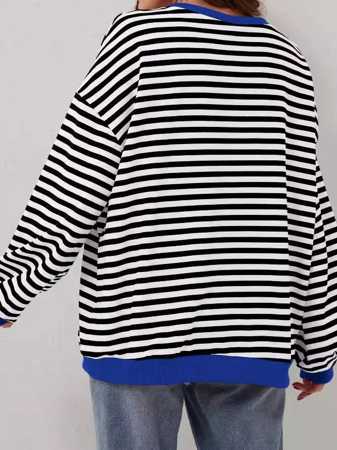 Women's Loose Casual Striped Hoodie Comfortable Cotton T-irt Printed Design Spring Autumn Thiened Version Faionable Str...