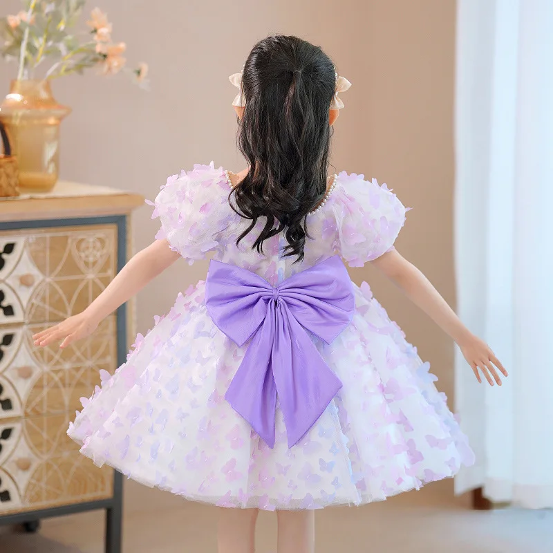 Customized Ball Gown Sweet Flower Girls Dresses Contrast Color Puff Sleeve Princess Dress Tiered O-neck Elegant Temperament Birt