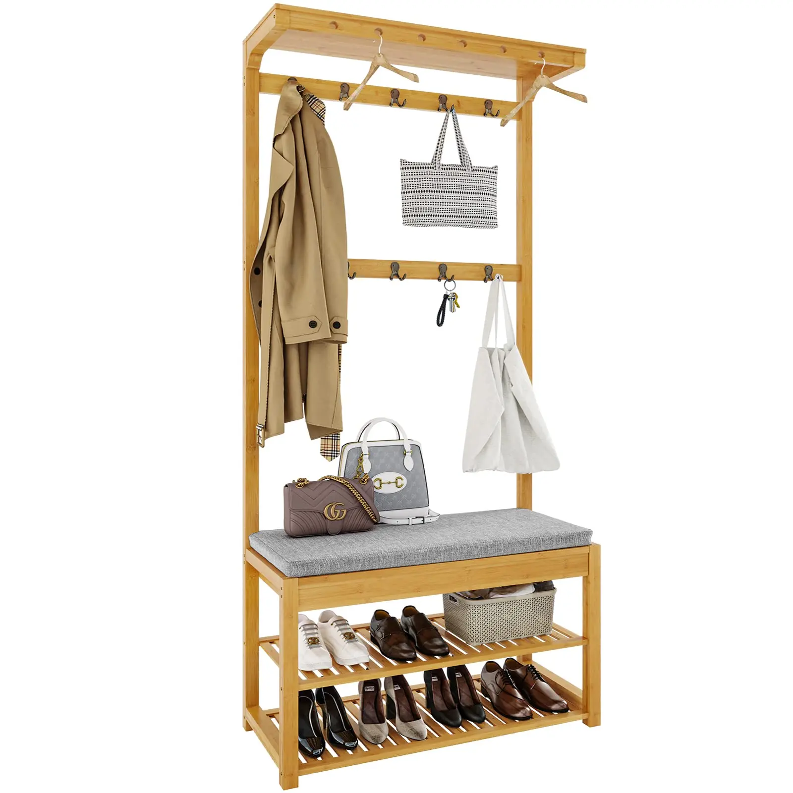 

Wholesale Price Standing Coat Rack 5 Tier Shoe Rack Bamboo Cloth Coat Racks