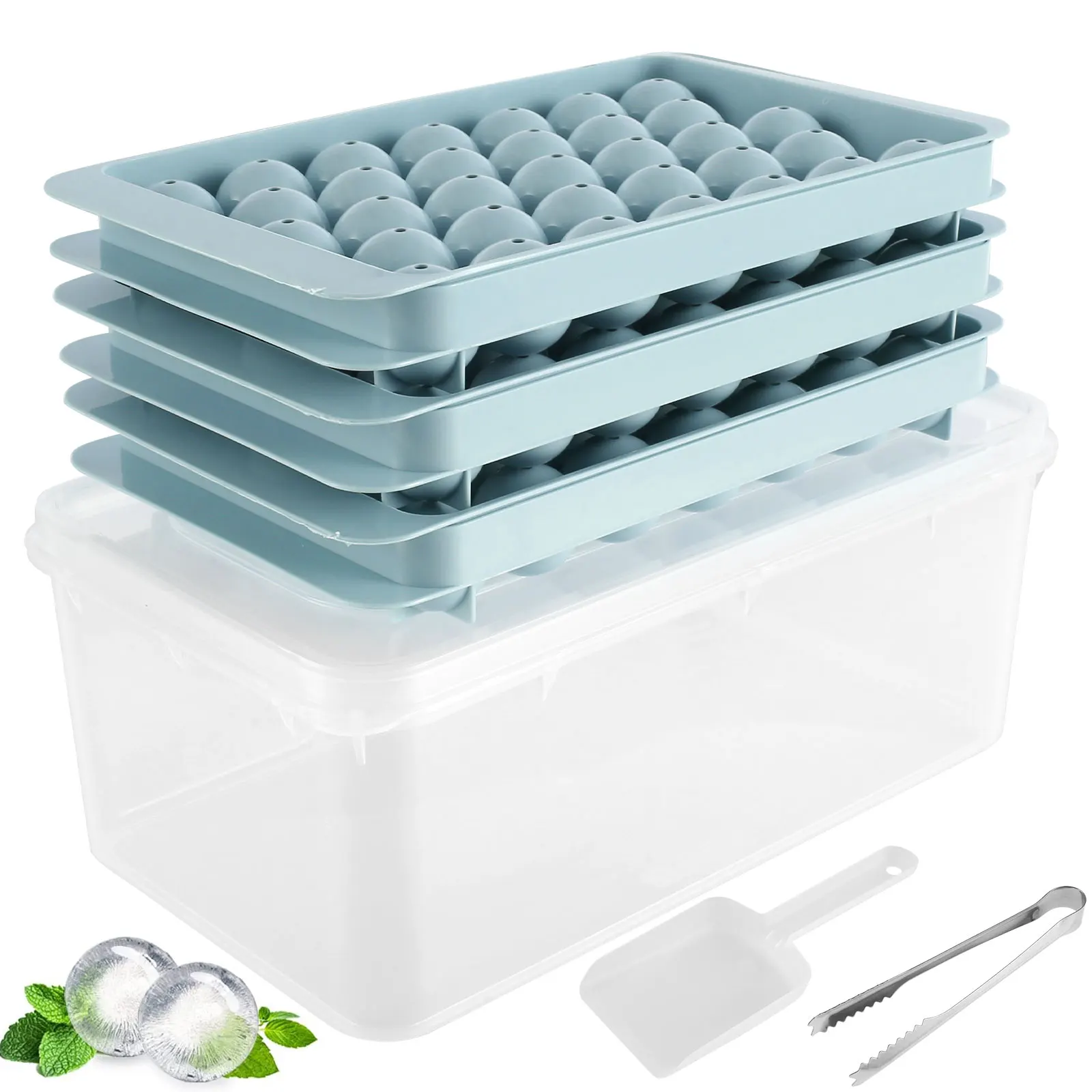 

Round Ice Cube Tray with Lid and Bin Reusable Ice Ball Maker Mould for Freezer 99pcs Sphere Ice Cube Tray Food Grade Plastic