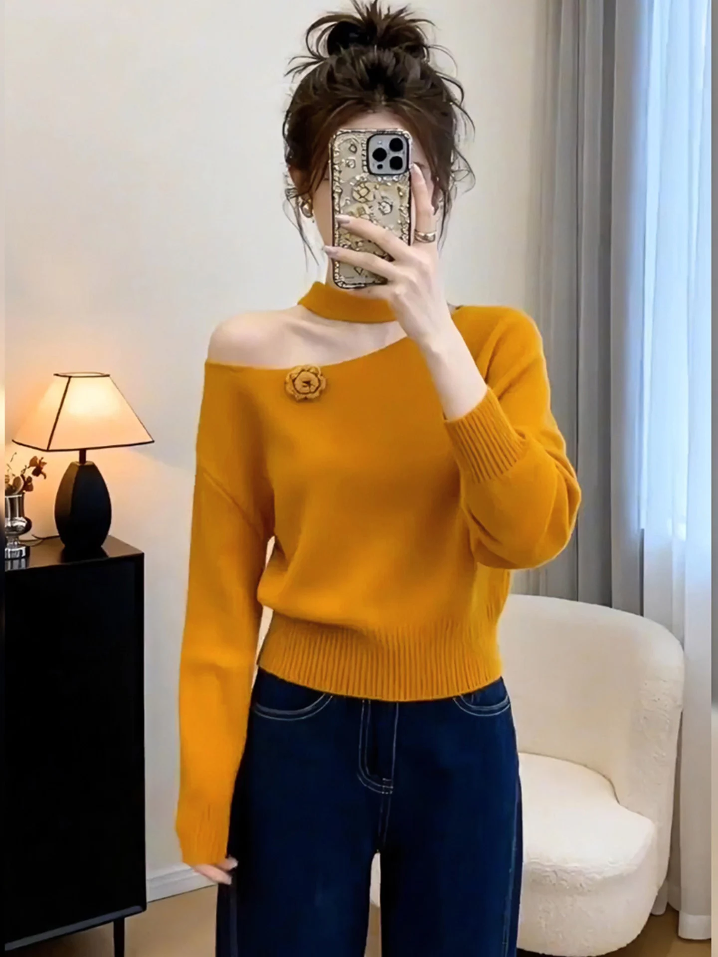 Maglione da donna con design coreano lavorato a maglia con fiori, vestibilità ampia, lungo, con nodo sveglio, ci walk, abbigliamento interno