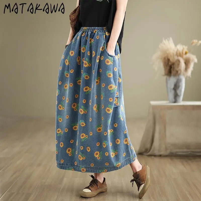 

Matakawa Floral Denim Skirts Women Spring Autumn Vintage Sweet Elastic High Waist Long Skirt Fashion Elegant Faldas Mujer