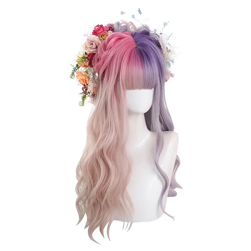 Pink And Purple Gradient Lolita Wigs Long Wave Cosplay Bangs Harajuku Hair