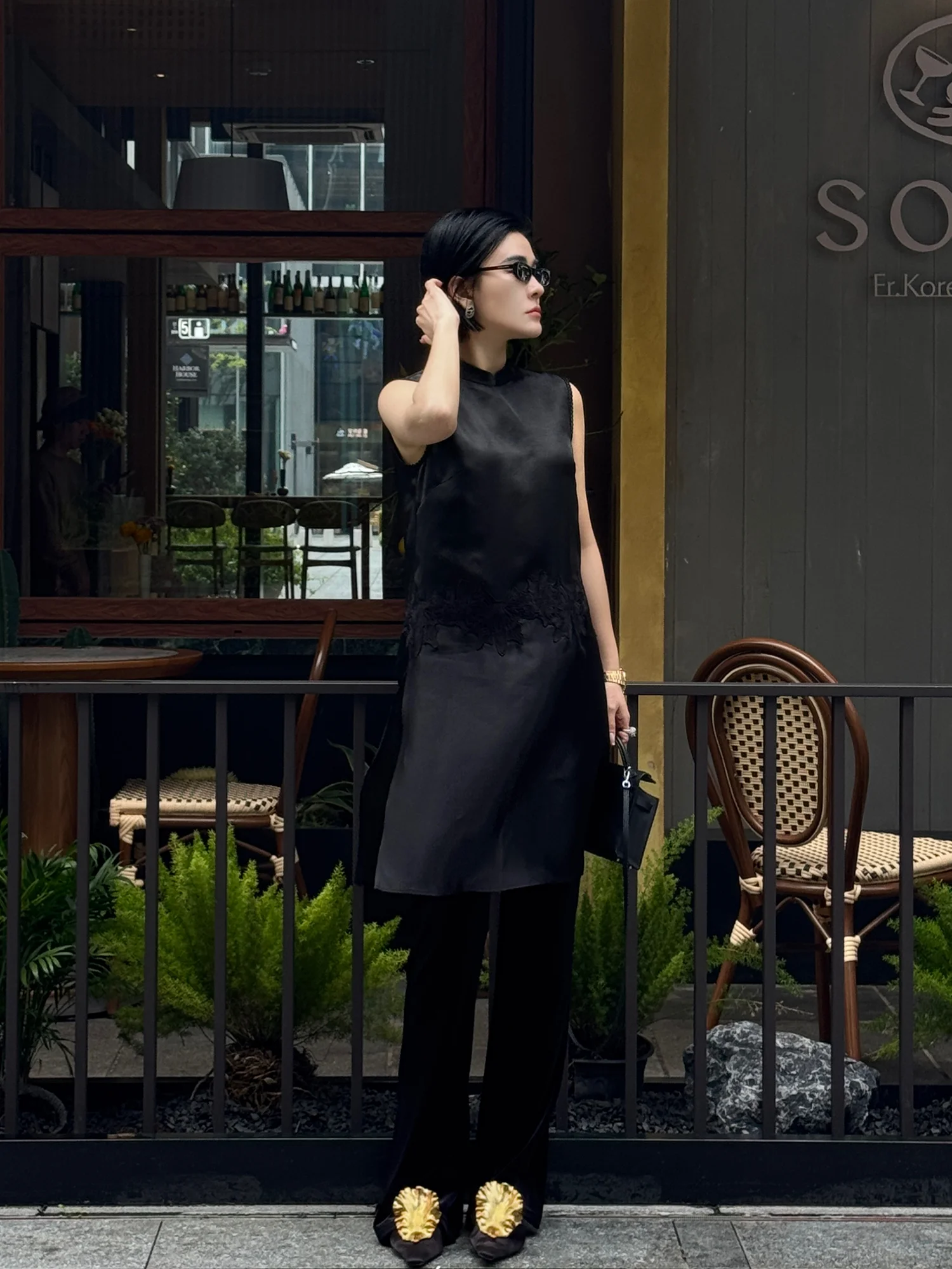 

Elegant Black Silk Spring Summer Dress Translucent Sleeveless Wrap Style Women's Hanfu Dress V-Neck Long Dress