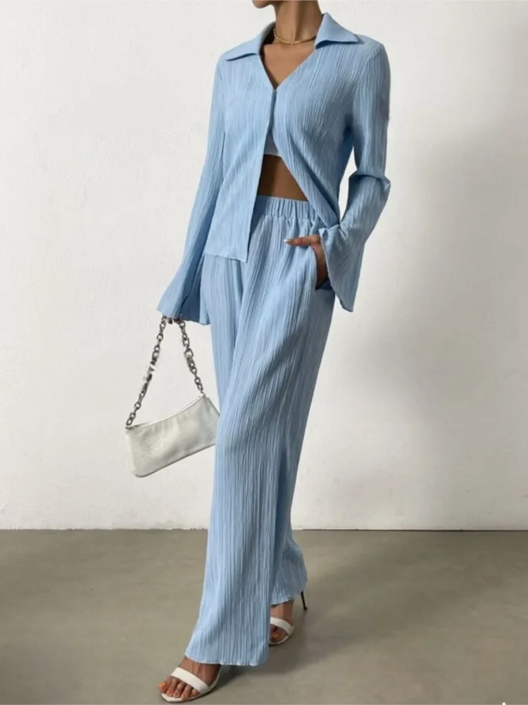 Spring Autumn Women\'s Set 2024 New Folding Long Sleeve Bell Sleeve Slit Shirt Wide Leg Pants Casual Fashion Two-piece Set