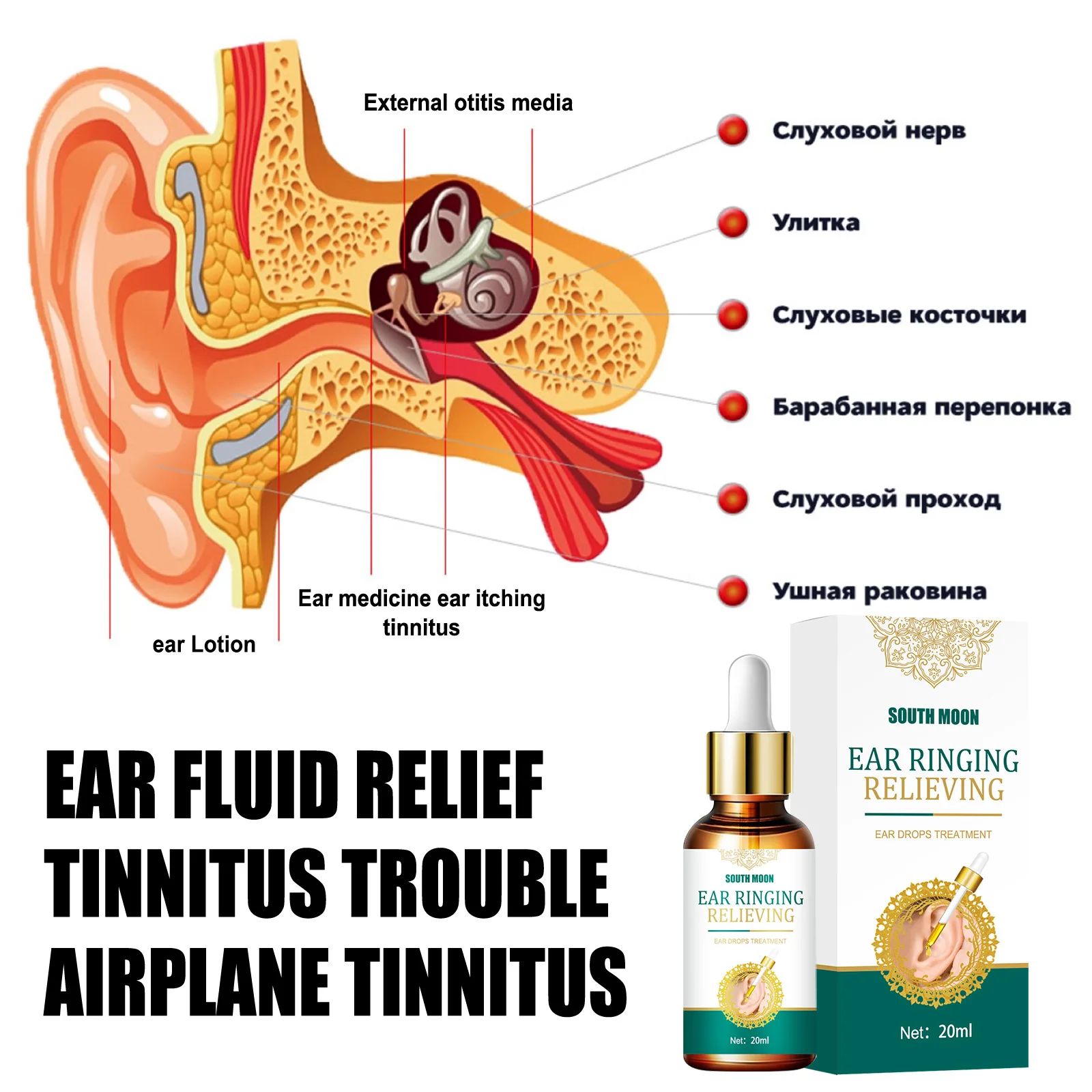 South Moon Ear Drops for Tinnitus Ear Ringing Relieving Deafness Ears Swelling Discharge Otitis Media Fluid Health Care 20ml