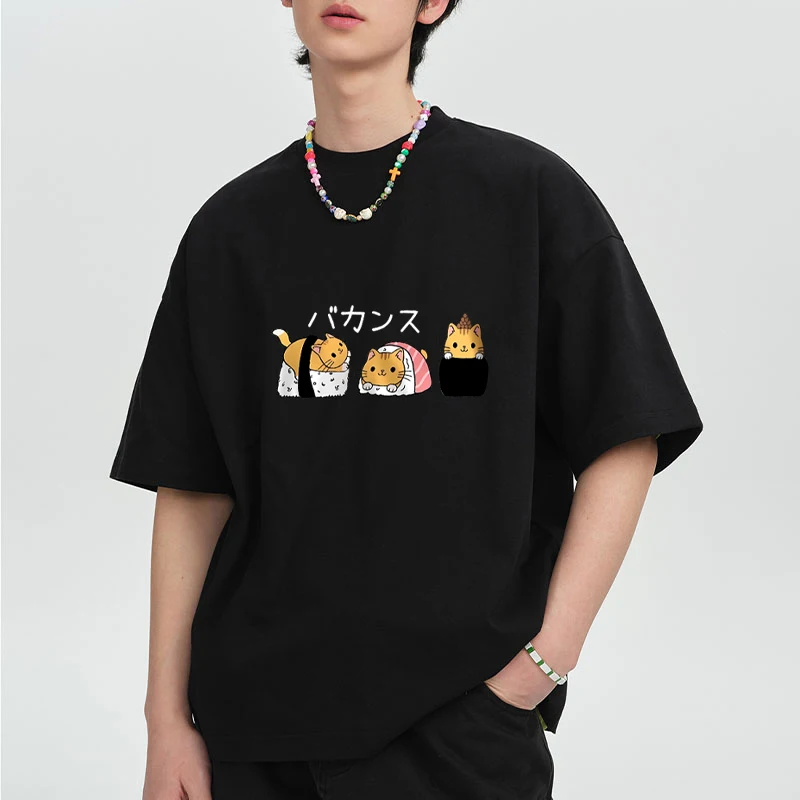 

Summer harajuku Fashion Japanese Cute Cat Sushi printed short sleeve T-shirts Men Women Oversized O-Neck Casual Female Clothes