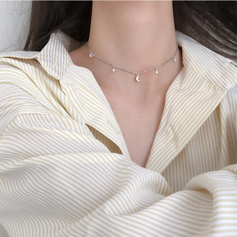 2024 925 Sterling Silver Shiny Zircon Moon Star Choker Pendant Charm Long Chain CZ Crystal Necklace Women Wedding Fine Jewelry